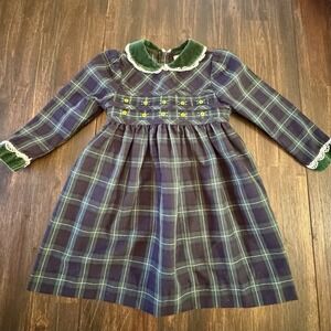 B.T. Kids Plaid Dress 4T Smocked Crochet‎ Trim Velvet Collar Cottage Holiday